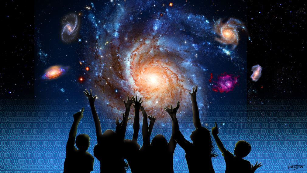 children reaching toward the galaxy